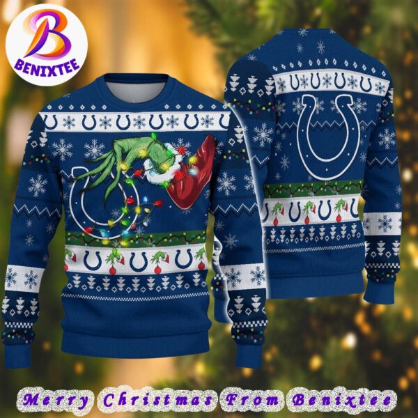 Indianapolis Colts NFL Special Grinchs Hand Football 2024 Gift For Family Ugly Christmas Sweater