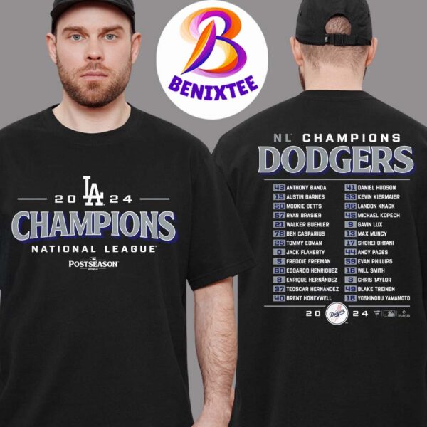 Los Angeles Dodgers Black MLB World Series 2024 National League Champions Bloop Single Roster Two Sides Print Classic T-Shirt