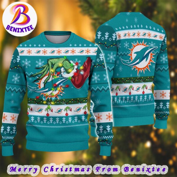 Miami Dolphins NFL Special Grinchs Hand Football 2024 Gift For Family Ugly Christmas Sweater