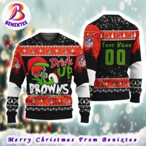 NFL Cleveland Browns Football Custom Name Grinch Drink Up Gift For Men And Women 2024 Ugly Christmas Sweater