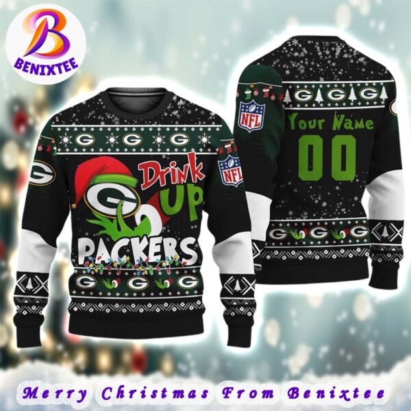 NFL Green Bay Packers Football Custom Name Grinch Drink Up Gift For Men And Women 2024 Ugly Christmas Sweater