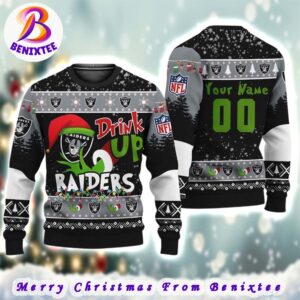 NFL Las Vegas Raiders Football Custom Name Grinch Drink Up 2024 Gift For Holiday Ugly Christmas Sweater