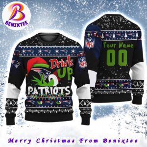 NFL New England Patriots Football Custom Name Grinch Drink Up 2024 Gift For Holiday Ugly Christmas Sweater