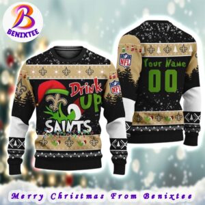 NFL New Orleans Saints Football Custom Name Grinch Drink Up 2024 Gift For Holiday Ugly Christmas Sweater