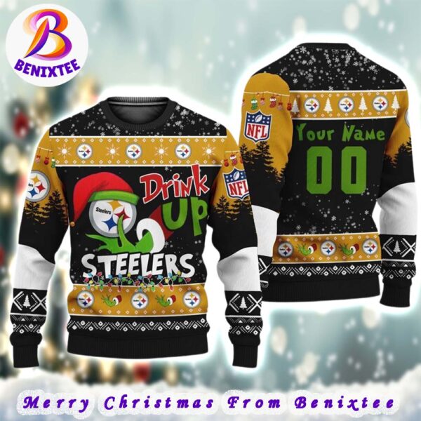 NFL Pittsburgh Steelers Football Custom Name Grinch Drink Up 2024 Gift For Holiday Ugly Christmas Sweater