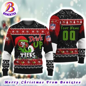 NFL San Francisco 49ers Football Custom Name Grinch Drink Up 2024 Gift For Holiday Ugly Christmas Sweater