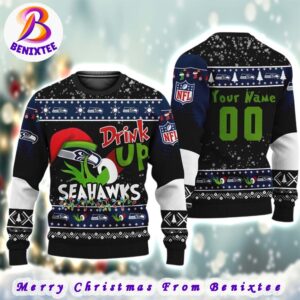 NFL Seattle Seahawks Football Custom Name Grinch Drink Up 2024 Gift For Holiday Ugly Christmas Sweater