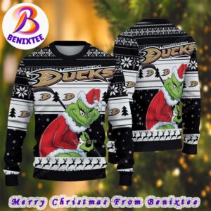 NHL Anaheim Ducks Funny Grinch Football 2024 Xmas Pattern Knitted Ugly Christmas Sweater