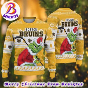 NHL Boston Bruins Funny Grinch Football 2024 Xmas Pattern Knitted Ugly Christmas Sweater