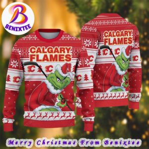 NHL Calgary Flames Funny Grinch Football 2024 Xmas Pattern Knitted Ugly Christmas Sweater