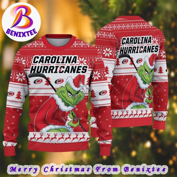 NHL Carolina Hurricanes Funny Grinch Football 2024 Xmas Pattern Knitted Ugly Christmas Sweater