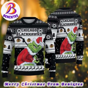 NHL Chicago Blackhawks Funny Grinch Football 2024 Xmas Pattern Knitted Ugly Christmas Sweater