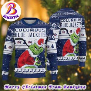 NHL Columbus Blue Jackets Funny Grinch Football 2024 Xmas Pattern Knitted Ugly Christmas Sweater