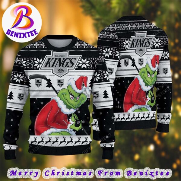 NHL Los Angeles Kings Funny Grinch Football 2024 Xmas Pattern Knitted Ugly Christmas Sweater