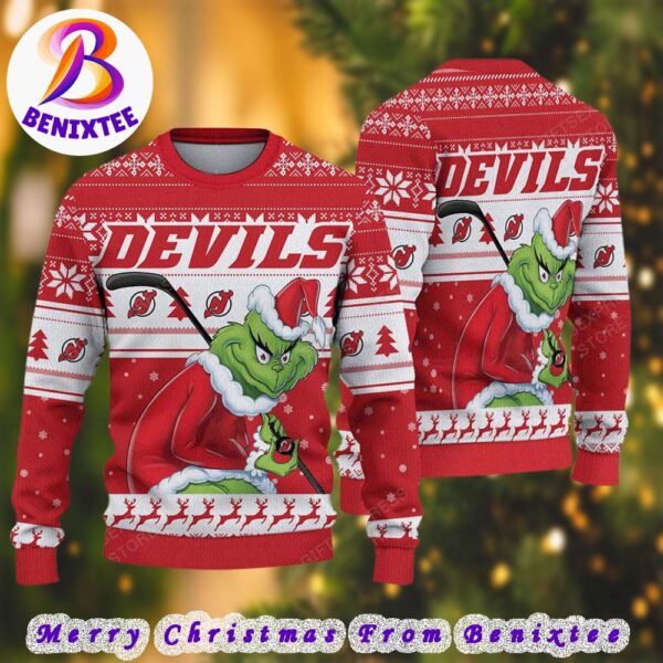 NHL New Jersey Devils Funny Grinch Football 2024 Xmas Pattern Knitted Ugly Christmas Sweater