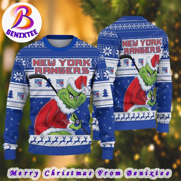 New York Rangers NHL Funny Grinch Football 2024 Xmas Pattern Knitted Ugly Christmas Sweater