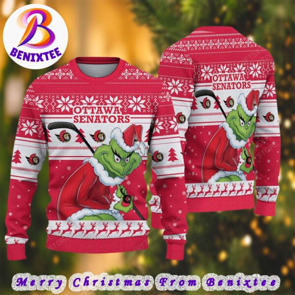 Ottawa Senators NFL Funny Grinch Football 2024 Xmas Pattern Knitted Ugly Christmas Sweater