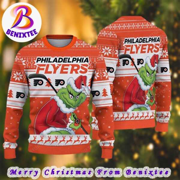 Philadelphia Flyers NHL Funny Grinch Football 2024 Xmas Pattern Knitted Ugly Christmas Sweater