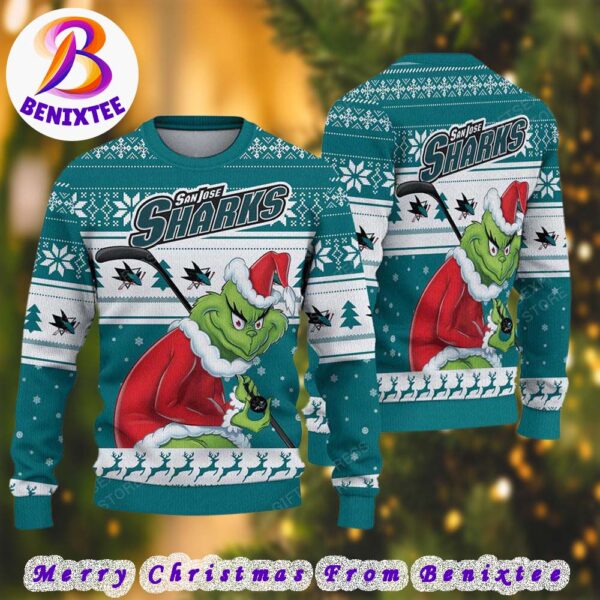 San Jose Sharks NHL Funny Grinch Football 2024 Xmas Pattern Knitted Ugly Christmas Sweater