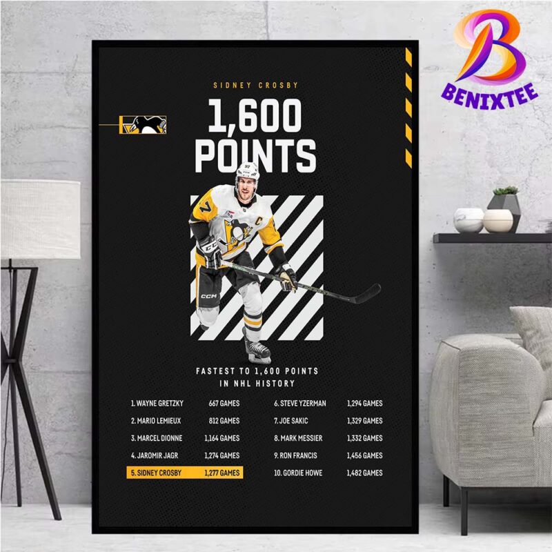 Sidney Crosby Pittsburgh Penguins Fifth Fastest Player In NHL History To Record 1600 Points Poster Canvas