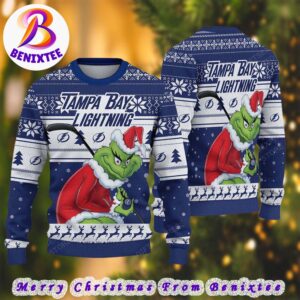 Tampa Bay Lightning NHL Funny Grinch Football 2024 Xmas Pattern Knitted Ugly Christmas Sweater