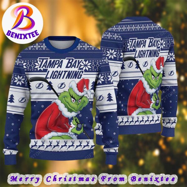 Tampa Bay Lightning NHL Funny Grinch Football 2024 Xmas Pattern Knitted Ugly Christmas Sweater