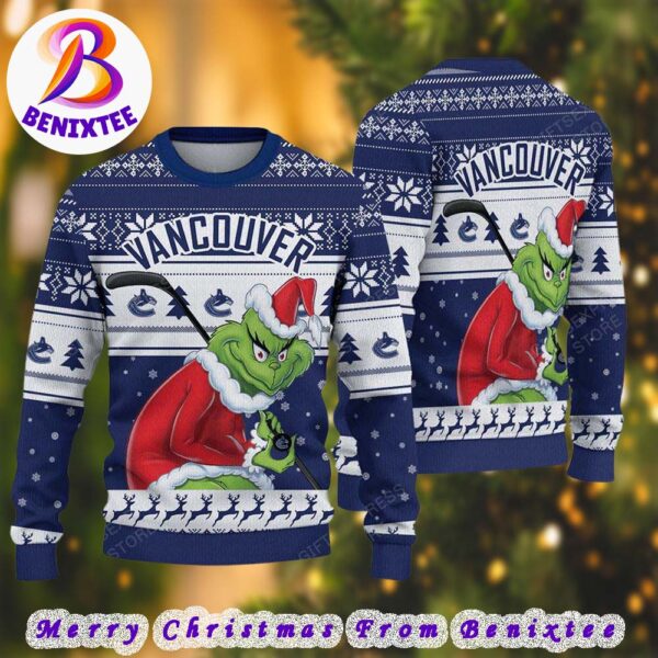 Vancouver Canucks NHL Funny Grinch Football 2024 Xmas Pattern Knitted Ugly Christmas Sweater