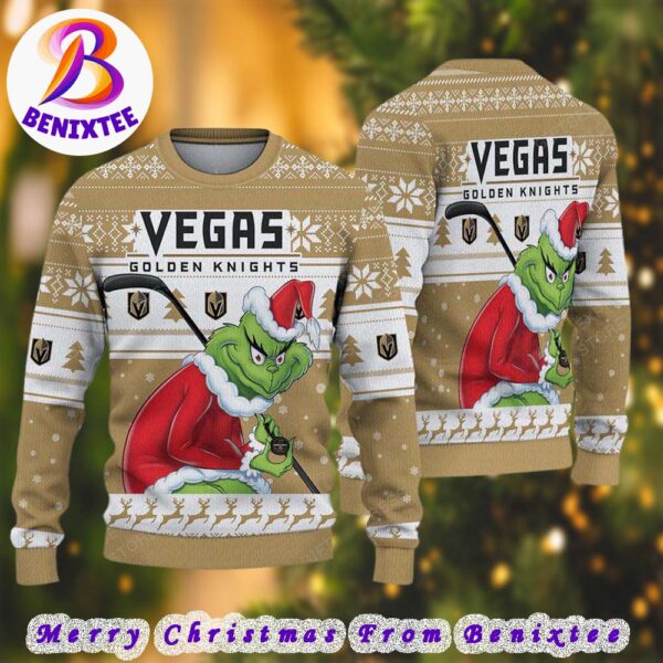 Vegas Golden Knights NHL Funny Grinch Football 2024 Xmas Pattern Knitted Ugly Christmas Sweater