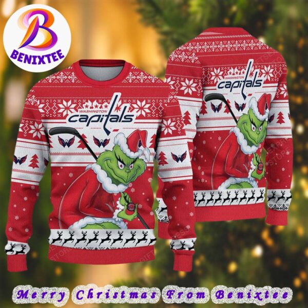 Washington Capitals NHL Funny Grinch Football 2024 Xmas Pattern Knitted Ugly Christmas Sweater