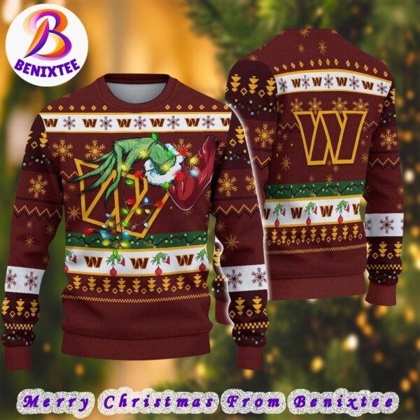 Washington Commanders NFL Special Grinchs Hand Football Xmas Holiday Ugly Christmas Sweater