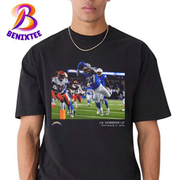 J K Dobbins 27 Los Angeles Chargers NFL Flash Features Week 11 On November 17 2024 Classic T-Shirt