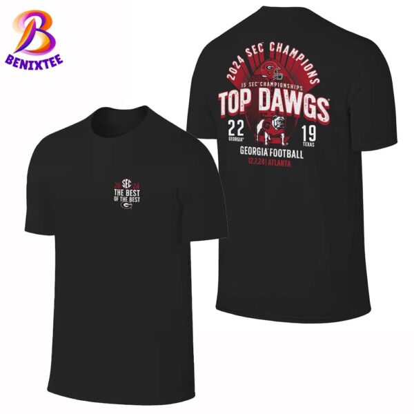 Georgia Bulldogs Football 2024 SEC Football Conference Champions Top Dawgs Score Two Sides Print Black T-Shirt