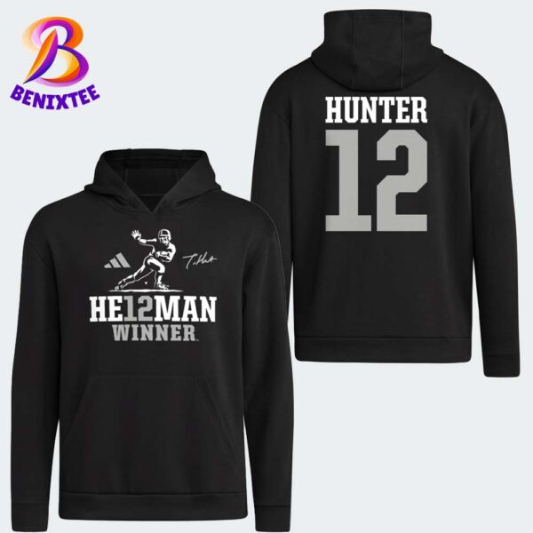 He12man Winner Adidas x Travis Hunter 12 Hunter Heisman Winner Two Sides Print Hoodie T-Shirt