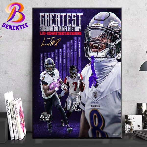 Lamar Jackson Greatest Rushing QB In NFL History Passed Michael Vicks Previous Record Of 6110 Career Rushing Yards Poster Canvas