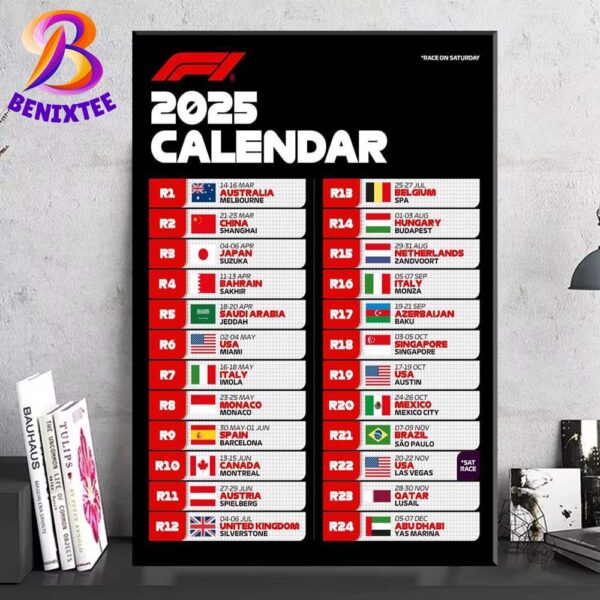 F1 Calendar 2025 Schedule List Regular Season Home Decor Poster Canvas